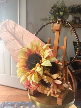 Sunflower & Pink Feather Decorative Floral Hoop - Home Accents